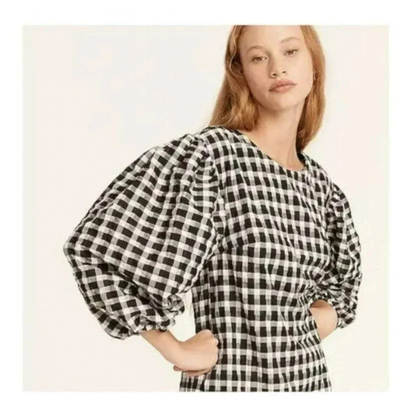 J. Crew Size XS Black and White Puff-Sleeve Mini Dress in Textured Plaid NEW! - Picture 2 of 10